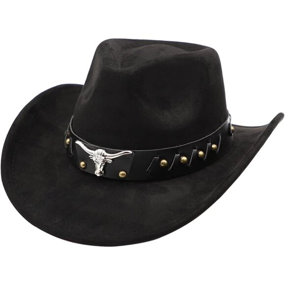 Accessories - Unisex Black 100% Polyester Western with Bull Skull Buckle Band Felt Cowboy Hat